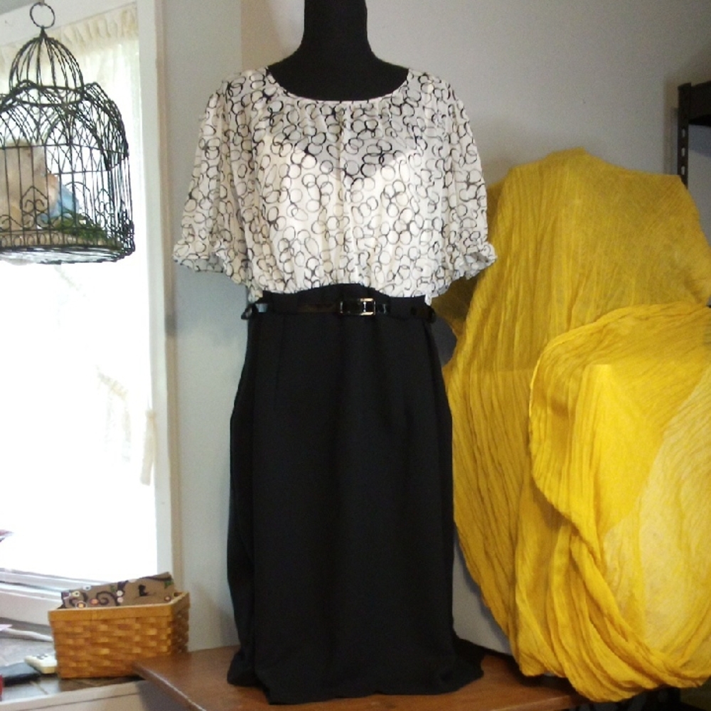 Dress Barn Black & White Belted Dress Size 18